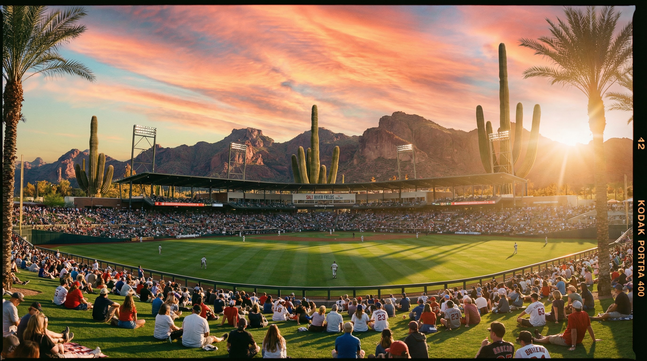 Spring training baseball in Arizona — fans enjoy a game at a Cactus League stadium with desert mountains and saguaro cacti in the background